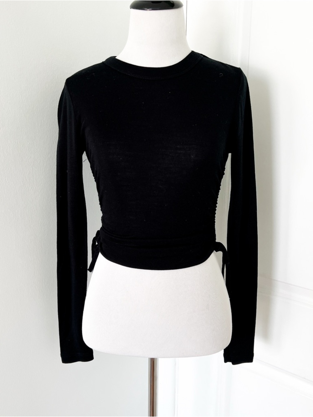 Kookai Black Long-Sleeve Ruched Side Tie Crop Top